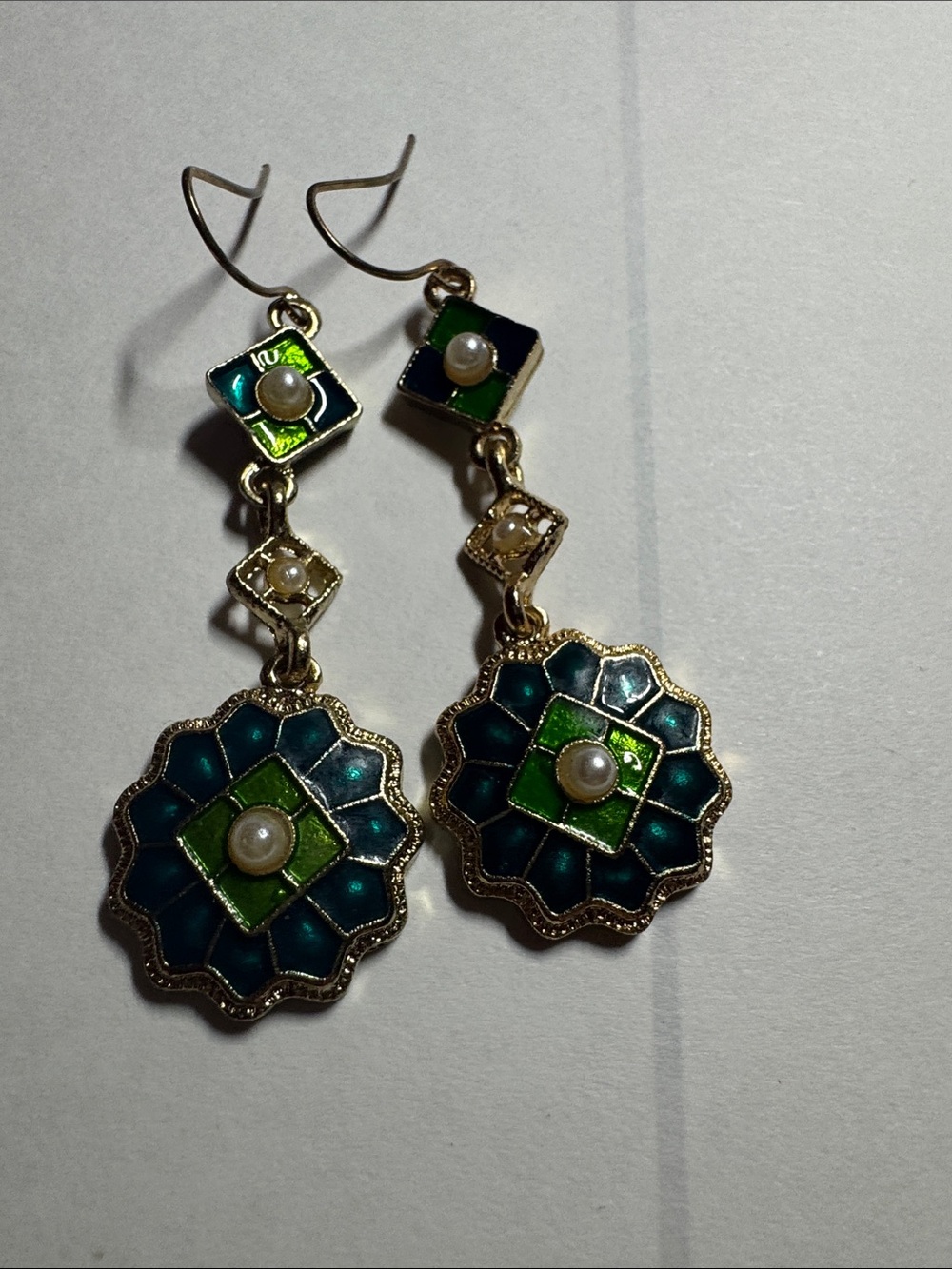 Green & Teal Enamel Drop Earrings with Pearl Accent - Women Jewelry